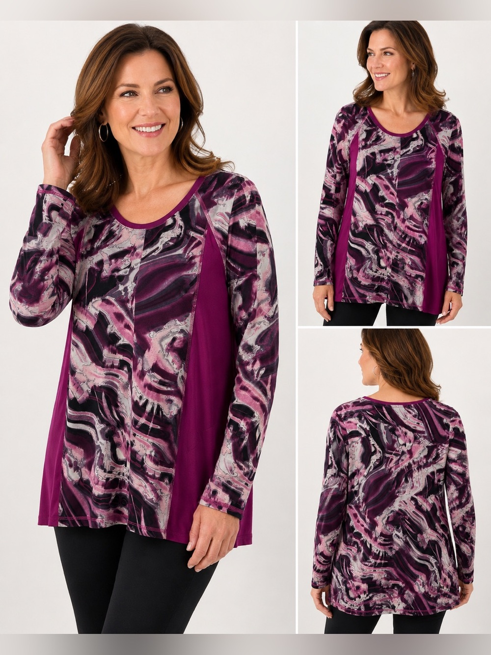 LOGO Lori Goldstein Abstract Print Long Sleeve Tunic Top Size S Purple/burgundy